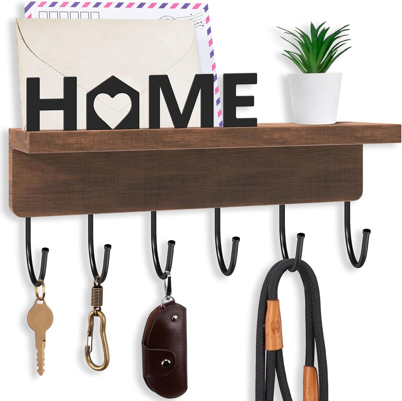 Key Holder for Wall, Decorative Key and Mail Holder with Shelf, Wall Mounted Entryway Organizer, Rustic Farmhouse Home Decor (Brown Home)